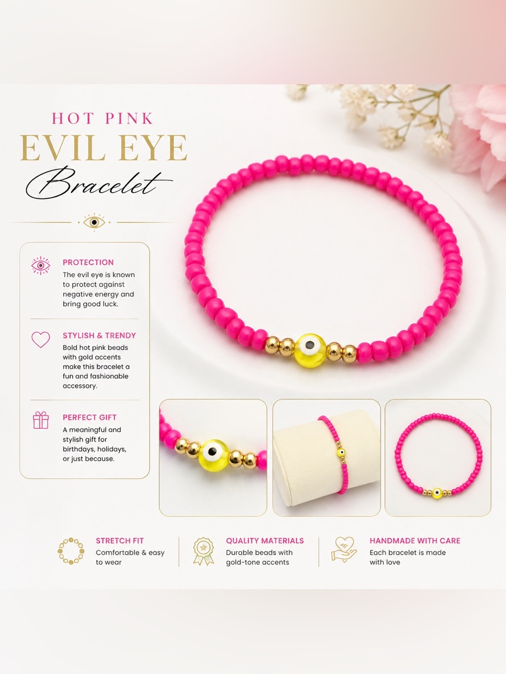 Hot Pink Beaded Evil Eye Bracelet with Gold Accents #17